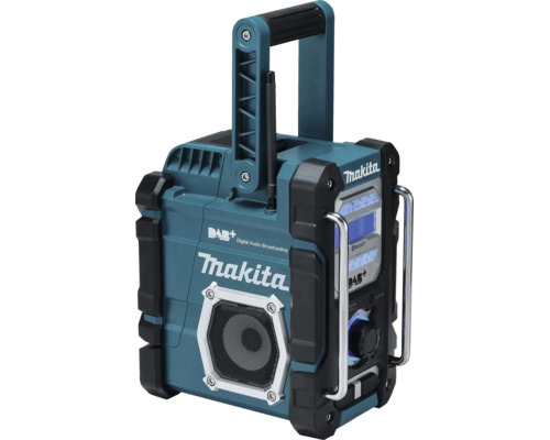 Makita Baustellenradio mit Digital Audio Broadcasting Plus, Bluetooth, Tragegriff, Schutzbügeln und digitaler Anzeige.