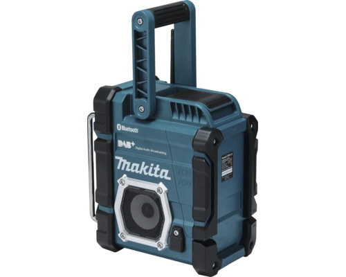 Makita Baustellenradio mit Digital Audio Broadcasting Plus, Bluetooth, LXT oder CXT Akku-Technologie und robustem Gehäuse mit Tragegriff.