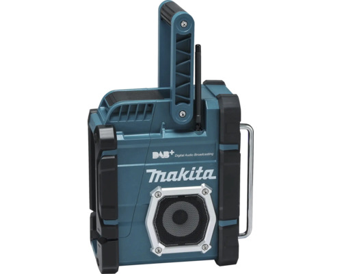 Makita Baustellenradio mit Makita Logo, DAB plus Digital Audio Broadcasting, Tragegriff und Gehäuseschutz.