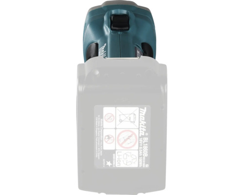 Makita Lithium-Ionen-Akku BL1860B mit 18 Volt und 6,0 Amperestunden an einem Werkzeug mit Entsorgungssymbolen.