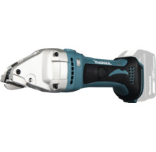Makita Akku-Blechschere 18 Volt, blau-schwarzes Gehäuse mit silberfarbenem Metallschneidkopf und gummierter Grifffläche.