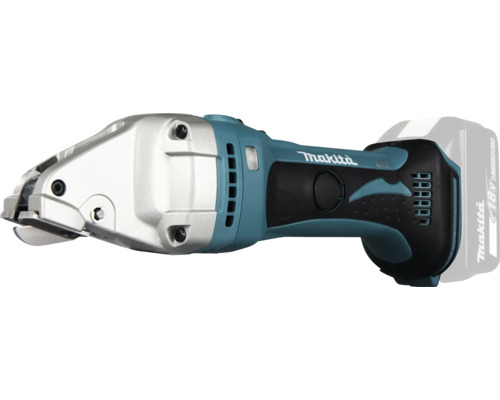 Makita Akku-Blechschere 18 Volt, blau-schwarzes Gehäuse mit silberfarbenem Metallschneidkopf und gummierter Grifffläche.