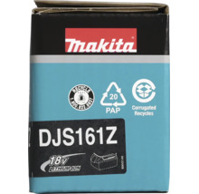 Makita Logo. Produktverpackung für Modell DJS161Z, 18 Volt Lithium-Ionen. Recycling-Symbole für Lithium-Ionen-Akkus und Wellpappe.