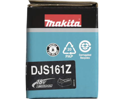 Makita Logo. Produktverpackung für Modell DJS161Z, 18 Volt Lithium-Ionen. Recycling-Symbole für Lithium-Ionen-Akkus und Wellpappe.