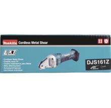 Makita Logo, Akku-Blechschere LXT DJS161Z für 18 Volt Lithium-Ionen-Akkus auf der Produktverpackung.