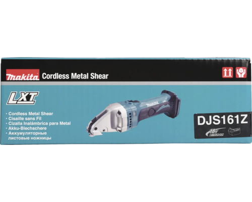 Makita Logo, Akku-Blechschere LXT DJS161Z für 18 Volt Lithium-Ionen-Akkus auf der Produktverpackung.