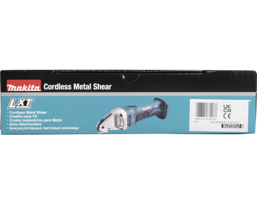 Makita Akku-Blechschere LXT auf Produktverpackung mit Makita Logo.