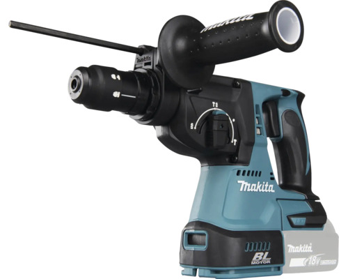 Makita Akku-Kombihammer 18 Volt mit bürstenlosem Motor, Zusatzhandgriff und Tiefenanschlag.