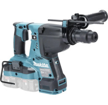Makita Akku-Kombihammer mit Zusatzhandgriff und Tiefenanschlag. Makita Logo.