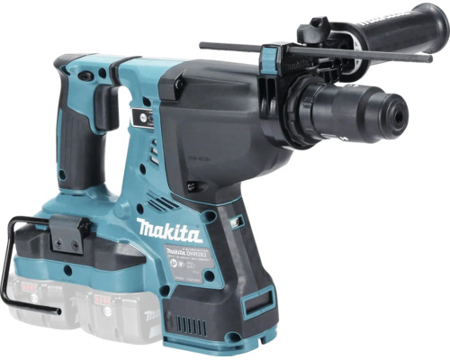Makita Akku-Kombihammer mit Zusatzhandgriff und Tiefenanschlag. Makita Logo.