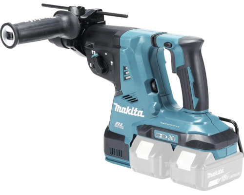 Makita Akku-Bohrhammer mit bürstenlosem Motor und Zusatzhandgriff, betrieben mit zwei 18 Volt Akkus für 36 Volt Leistung.