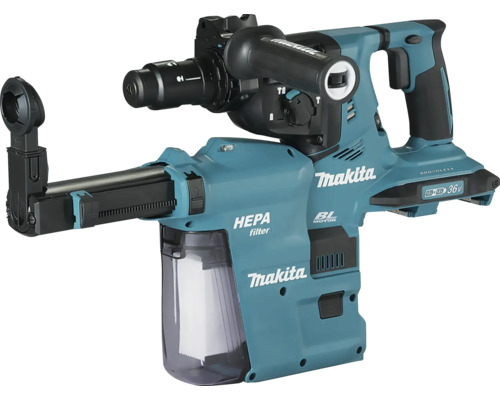 Makita 36 Volt akkubetriebener Bohrhammer mit bürstenlosem Motor, integrierter Staubabsaugung und HEPA-Filter.