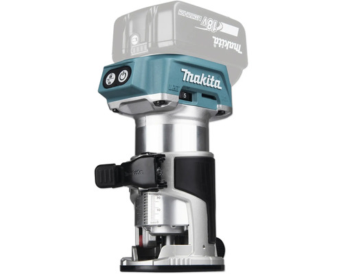Makita Akku-Einhandfräse LXT 18 Volt mit Skala zur Tiefeneinstellung und Bedienelementen.