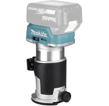 Makita Akku-Kantenfräse 18 Volt mit Lithium-Ionen-Akku, kompaktes Gerät aus Metall und Kunststoff.