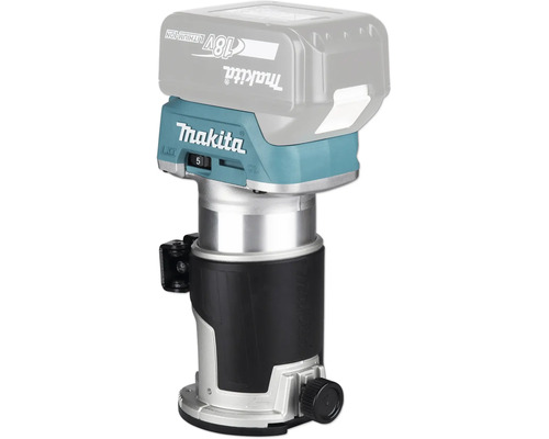 Makita Akku-Kantenfräse 18 Volt mit Lithium-Ionen-Akku, kompaktes Gerät aus Metall und Kunststoff.
