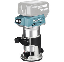 Makita Akku-Einhandfräse 18 Volt LXT mit Aluminiumgehäuse und gummiertem Griff für präzise Holzbearbeitung.