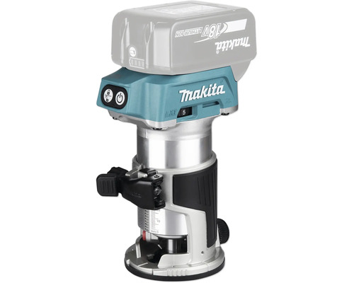 Makita Akku-Einhandfräse 18 Volt LXT mit Aluminiumgehäuse und gummiertem Griff für präzise Holzbearbeitung.