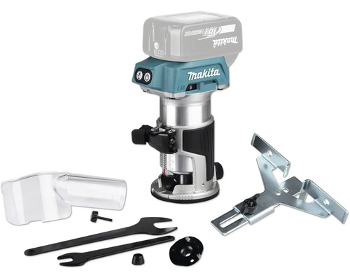 Makita Akku-Oberfräse 18 Volt mit Zubehör wie Parallelanschlag, Absaugstutzen und Gabelschlüsseln.