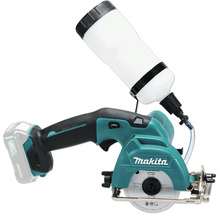 Makita Akku-Glas- und Fliesenschneider in Türkis und Schwarz mit weißem Wassertank und Diamantscheibe.