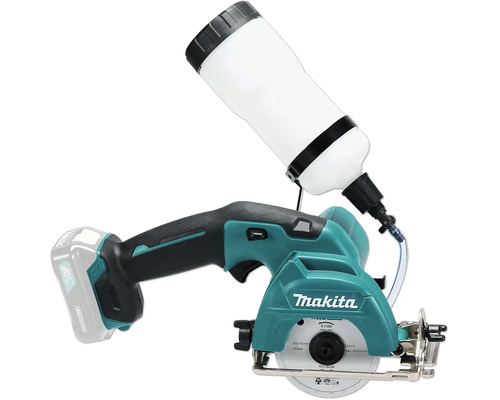 Makita Akku-Glas- und Fliesenschneider in Türkis und Schwarz mit weißem Wassertank und Diamantscheibe.