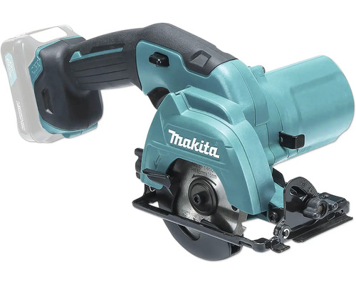 Makita Akku-Handkreissäge mit eingesetztem Akku und Sägeblattschutz.