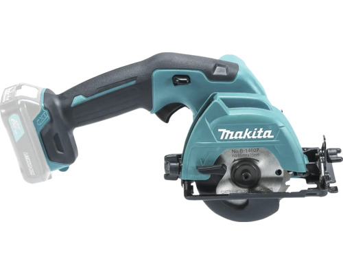 Makita Akku-Handkreissäge 12 Volt mit 85 Millimeter Sägeblatt, Lithium-Ionen-Akku und Makita Logo.