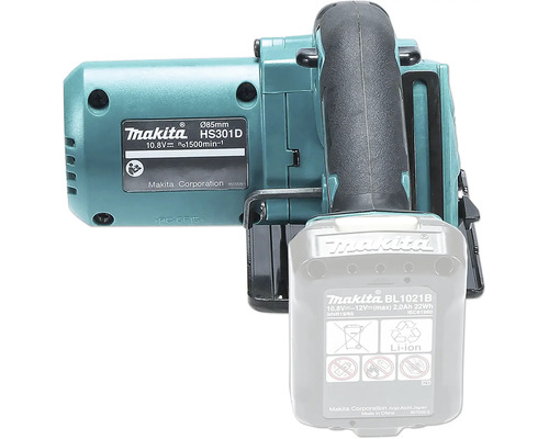 Makita Akku-Handkreissäge HS301D mit 12 Volt Lithium-Ionen-Akku und 85 Millimeter Sägeblattdurchmesser.