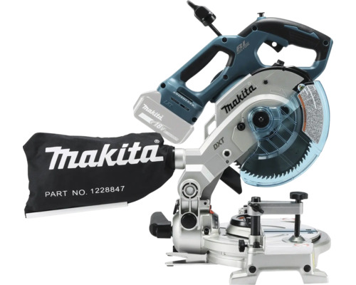 Akku-Kapp- und Gehrungssäge von Makita mit bürstenlosem Motor, 18 Volt Lithium-Ionen-Akku, Staubsack und Sägeblattschutz.