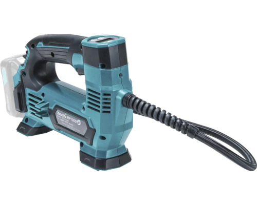 Makita Akkumulator-Kompressor MP100D mit digitalem Display und flexiblem Schlauch für präzises Aufpumpen.