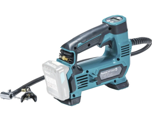 Makita Akku-Kompressor MP100D mit digitalem Display und Luftschlauch.