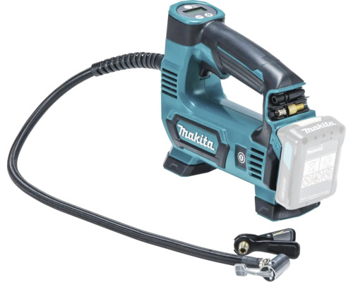 Akku-Kompressor Makita mit Luftschlauch und digitaler Anzeige.