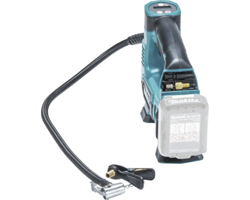Makita Akku-Kompressor 12 Volt mit digitalem Display, Schlauch und Akku.