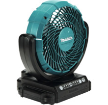 Makita Akku-Ventilator aus Kunststoff in Türkis und Schwarz mit verstellbarem Kopf und Bedienfeld.
