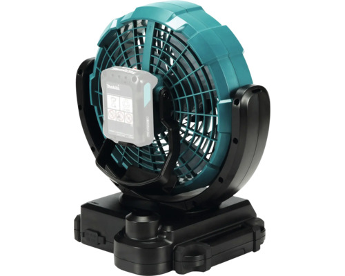 Tragbarer Makita Akku-Lüfter mit verstellbarem Kopf, Makita Logo und Lithium-Ionen-Akku mit Symbolen für Recycling und Entsorgung.