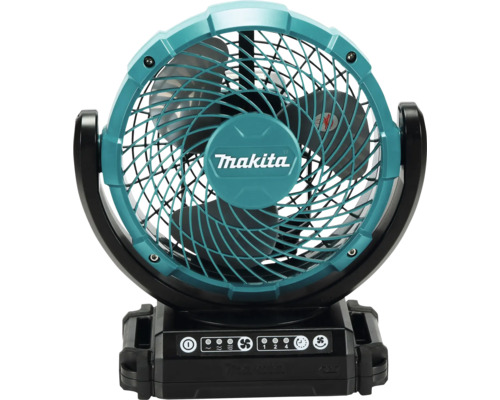 Makita akkubetriebener Lüfter mit drei Rotorblättern, verstellbarem Kopf, Bedienfeld für Geschwindigkeit und Timer sowie Makita Logo.