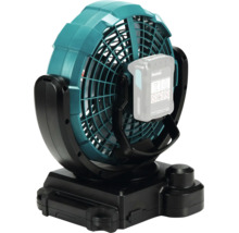 Makita Akkumulator-Ventilator in der Rückansicht mit eingesetztem Akkumulator und Standfuß.