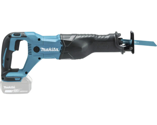 Blau-schwarze Makita Akku-Reciprosäge mit 18 Volt Lithium-Ionen-Akku und Sägeblatt.