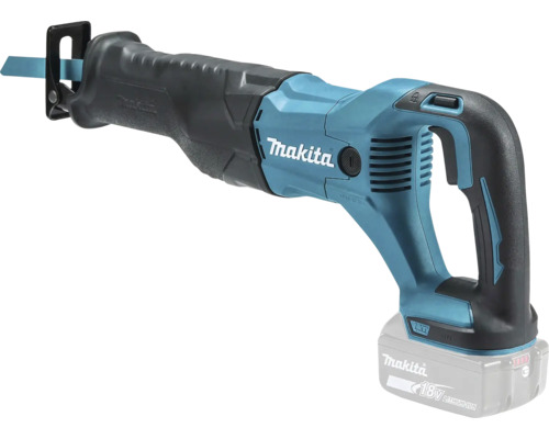 Makita Akku-Säbelsäge 18 Volt mit eingesetztem Sägeblatt und Lithium-Ionen-Akku.