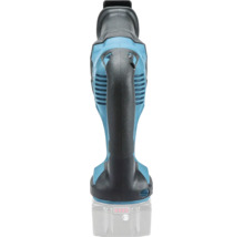 Makita Akku-Säbelsäge aus Kunststoff in Blau mit gummiertem Griff, Lüftungsschlitzen und Akku-Ladestandsanzeige in der Rückansicht.