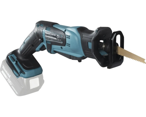 Makita Akku-Reciprosäge DJR183 mit 18 Volt Antrieb und eingesetztem Sägeblatt.