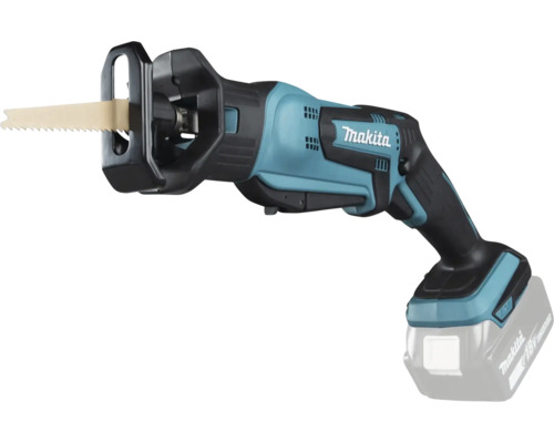 Makita Akku-Reciprosäge mit eingesetztem Sägeblatt und 18 Volt Akku.
