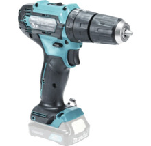 Türkisfarbener Makita Akku-Schlagbohrschrauber HP333D mit 12 Volt Lithium-Ionen-Akku und schlüssellosem Bohrfutter.