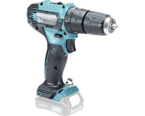 Türkisfarbener Makita Akku-Schlagbohrschrauber HP333D mit 12 Volt Lithium-Ionen-Akku und schlüssellosem Bohrfutter.