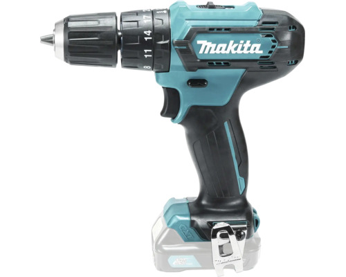 Makita Akku-Bohrschrauber 12 Volt mit Schnellspannbohrfutter, Gürtelclip und Makita Logo.