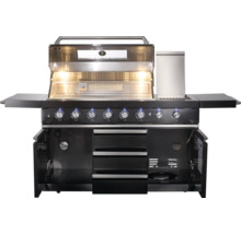 Grillküche mit Bedienknöpfen, Schubladen und geöffneten Schränken