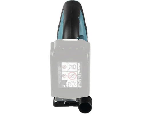 Makita Akku BL1860B mit 18 Volt und 6 Amperestunden an einem Elektrowerkzeug mit Warnhinweisen und Recycling-Symbolen.