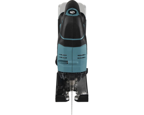Stichsäge in Blau und Schwarz, Draufsicht auf Gehäuse mit Belüftungsschlitzen und Grundplatte.