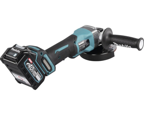 Makita Akku-Winkelschleifer 40 Volt Max XGT mit bürstenlosem Motor, Seitengriff und Schutzhaube.