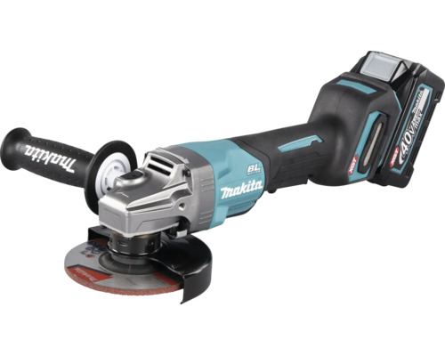 Makita Akku-Winkelschleifer 40 Volt mit bürstenlosem Motor, Zusatzhandgriff und Schleifscheibe.