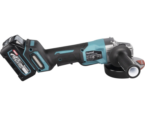 Makita Akku-Winkelschleifer mit 40 Volt Max XGT Lithium-Ionen-Akku, bürstenlosem Motor, Seitengriff und Schutzhaube.